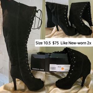 Women's Lace-Up Thigh High Peep Toe Suede Boots Size 10.5